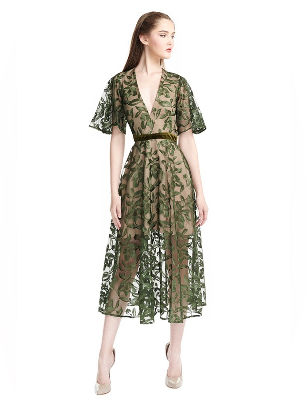 SAU LEE Lucia Midi Dress in Olive Green Overlay Open Back Size 10 VGUC